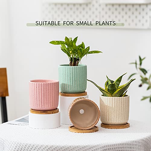 OMAYKEY 4 Inch Ceramic Plant Pot with Saucer, Creative Stripe Grey-Green Small Planters Pots with Drainage Hole and Mesh Pads for Succulent, Cactus, Herbs - Set of 4 - Image 5