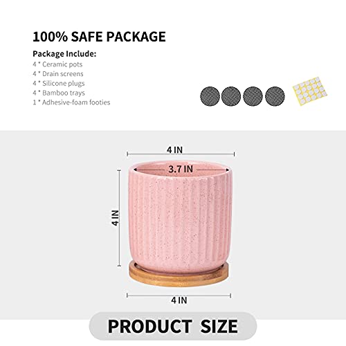 OMAYKEY 4 Inch Ceramic Plant Pot with Saucer, Creative Stripe Grey-Green Small Planters Pots with Drainage Hole and Mesh Pads for Succulent, Cactus, Herbs - Set of 4 - Image 3