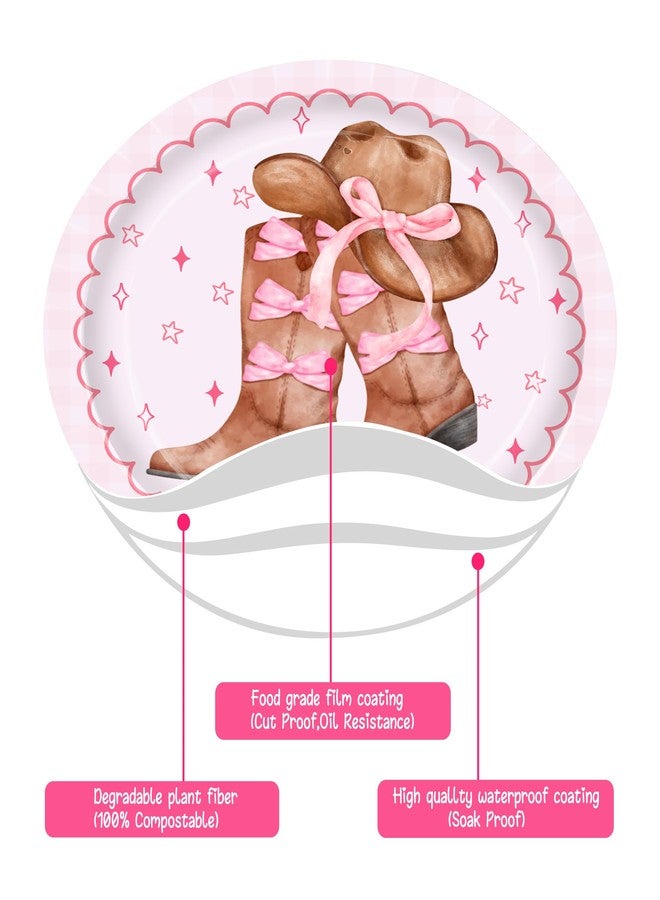 umoni Coquette Cowgirl Bow Party Supplies 48PCS Western Brown Boots Disposable Plates 9-Inches Cowgirl Bow and Hat Dessert Plates Pink Rodeo Themed Party Decor for Wild West Bachelorette Baby Shower - Image 3