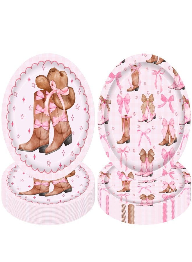 umoni Coquette Cowgirl Bow Party Supplies 48PCS Western Brown Boots Disposable Plates 9-Inches Cowgirl Bow and Hat Dessert Plates Pink Rodeo Themed Party Decor for Wild West Bachelorette Baby Shower - Image 1