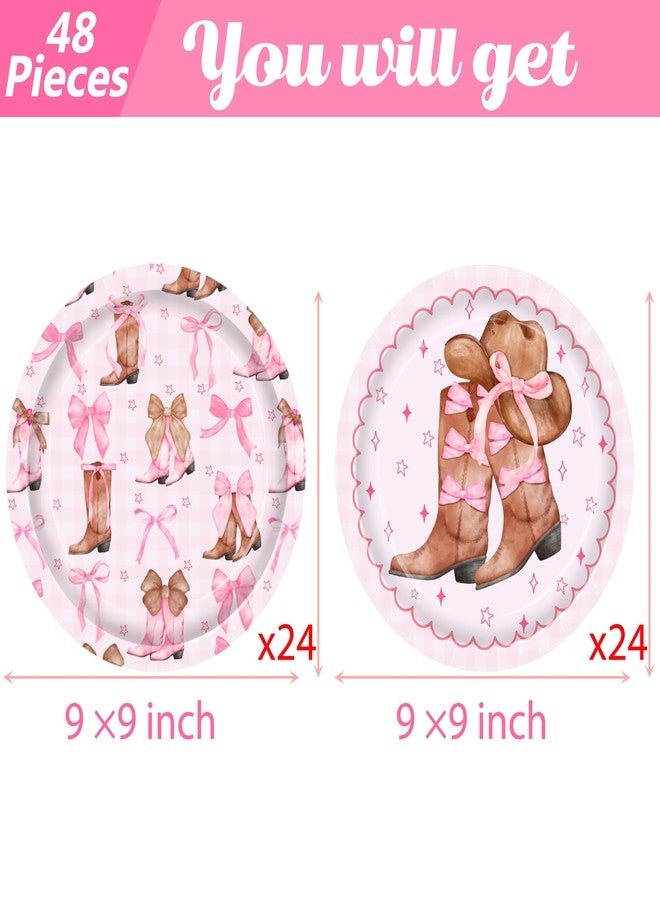umoni Coquette Cowgirl Bow Party Supplies 48PCS Western Brown Boots Disposable Plates 9-Inches Cowgirl Bow and Hat Dessert Plates Pink Rodeo Themed Party Decor for Wild West Bachelorette Baby Shower - Image 2
