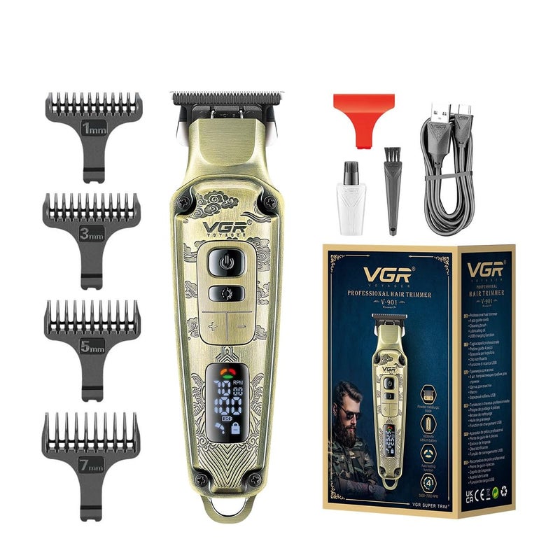 Vgr Premium Metal Housing Hair Clipper Led Display, Powder Metallurgic Blade 5500-7000 Rpm 4 Speed Motor Auto Testing Button Usb Charging 4 Adjustable Taper Lever 4 Guide Combs Runtime 240 Min, V-901