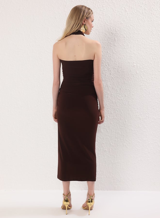 trendyol Brown Body Fitted Accessory Detailed Woven Maxi Evening Dress Night Graduation Dress - Image 4