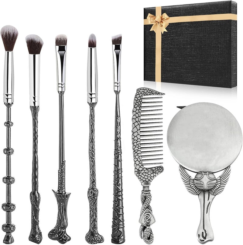 7 PCS Harry Makeup Brush Gift Set With Silver Mirror Comb Handle Wizard Wand for Foundation Blush Eyeshadow Face Concealer Eyeliner Contour Powder Liquid Eye Harry Gift for Girls Women