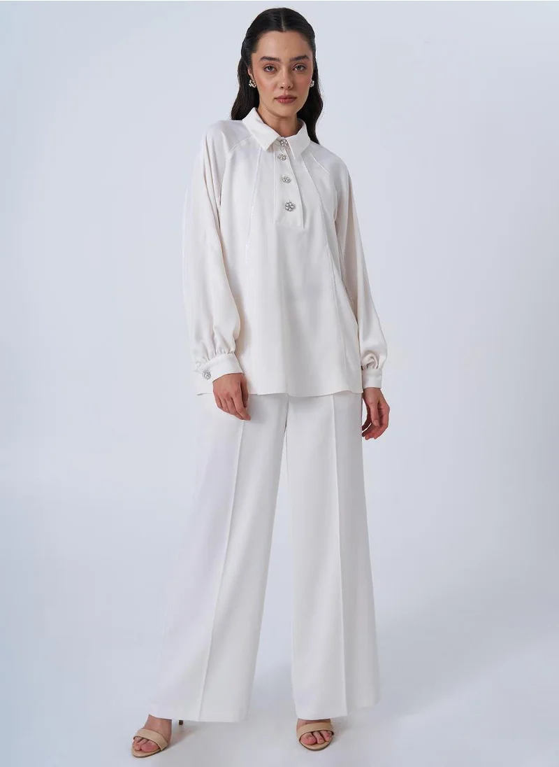 Kayra Shiny Button Satin Blouse in Ecru