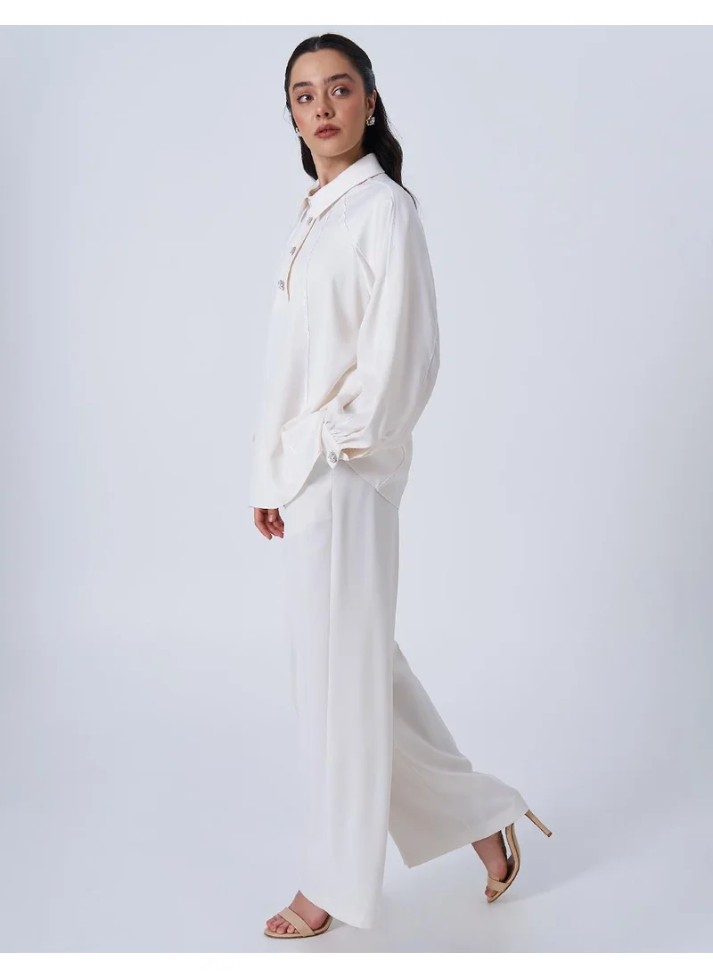 Kayra Shiny Button Satin Blouse in Ecru
