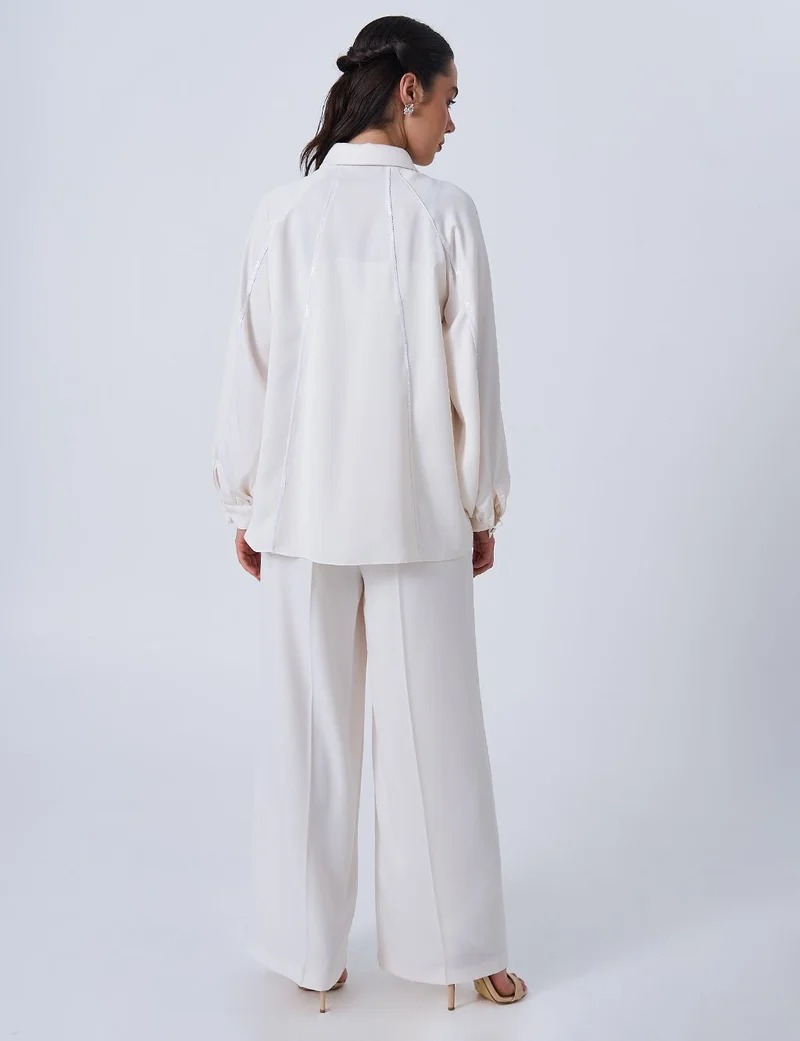 Kayra Shiny Button Satin Blouse in Ecru