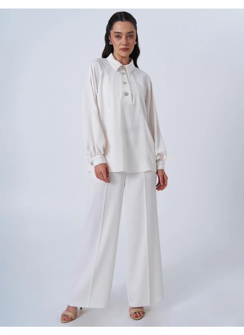 Kayra Shiny Button Satin Blouse in Ecru