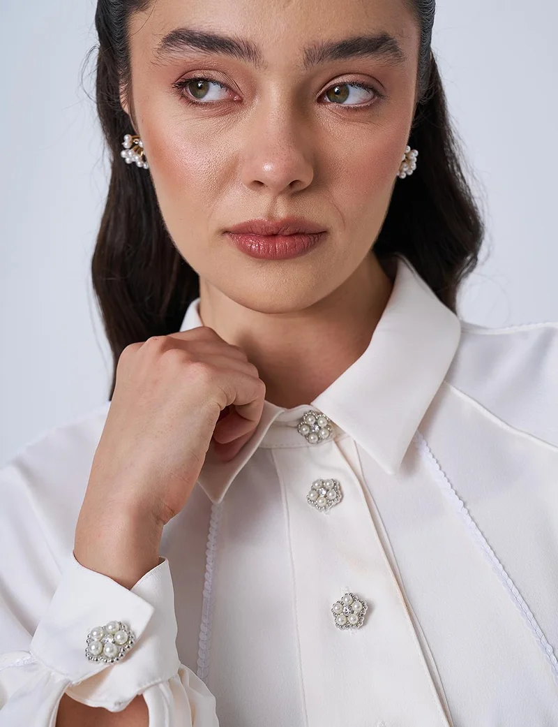 Kayra Shiny Button Satin Blouse in Ecru