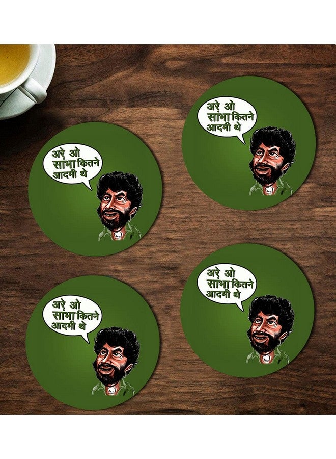 ASHVAH are o sambha kitne aadmi The re Print/Typography Tea/Coffee Mug/Designer Handmade Wooden Coaster Set for Home Kitchen, Office Desk - Set of 4 - Round: 10cm - Image 1