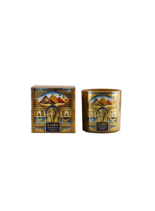 KAMAYA Scented candle from Skyline Collection, 3 wick candle with Cairo skyline on the glass jar with gold lid. Frgarance noted citrus, floral and fruity with bergamot, rose, musk and Tonka. Perfect for gifting .Beautiful box with gift card inside - Image 1