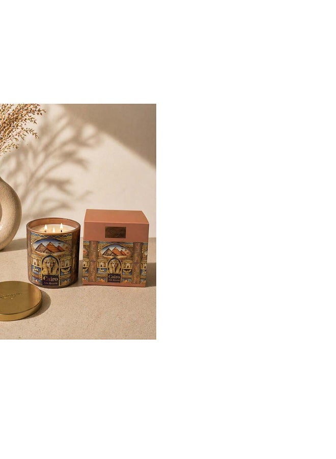 KAMAYA Skyline Collection Cairo Nile Reverie Scented Candle | 3 wick 400gms Scented Candle | Cairo Skyline Glass Jar With Gold Lid - Image 3