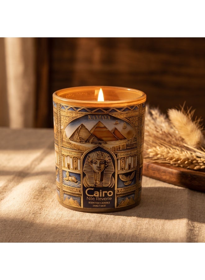 KAMAYA Skyline Collection Cairo Nile Reverie Scented Candle | 3 wick 400gms Scented Candle | Cairo Skyline Glass Jar With Gold Lid - Image 1