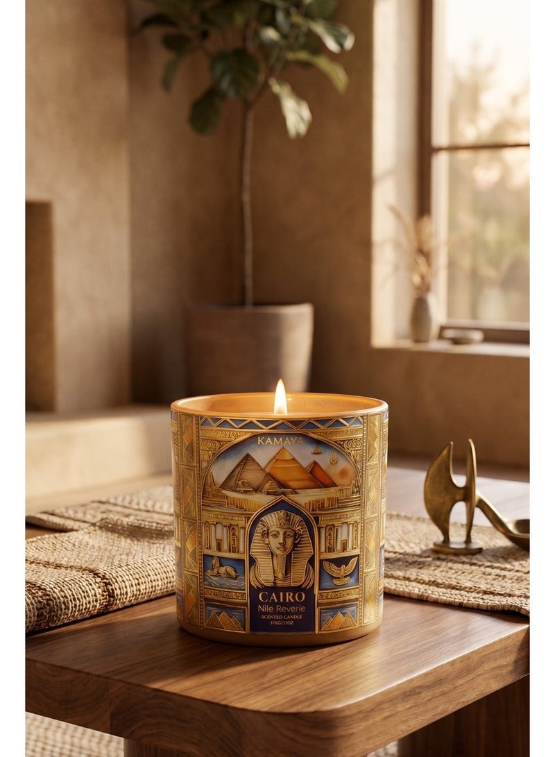 KAMAYA Skyline Collection Cairo Nile Reverie Scented Candle | 3 wick 400gms Scented Candle | Cairo Skyline Glass Jar With Gold Lid - Image 1
