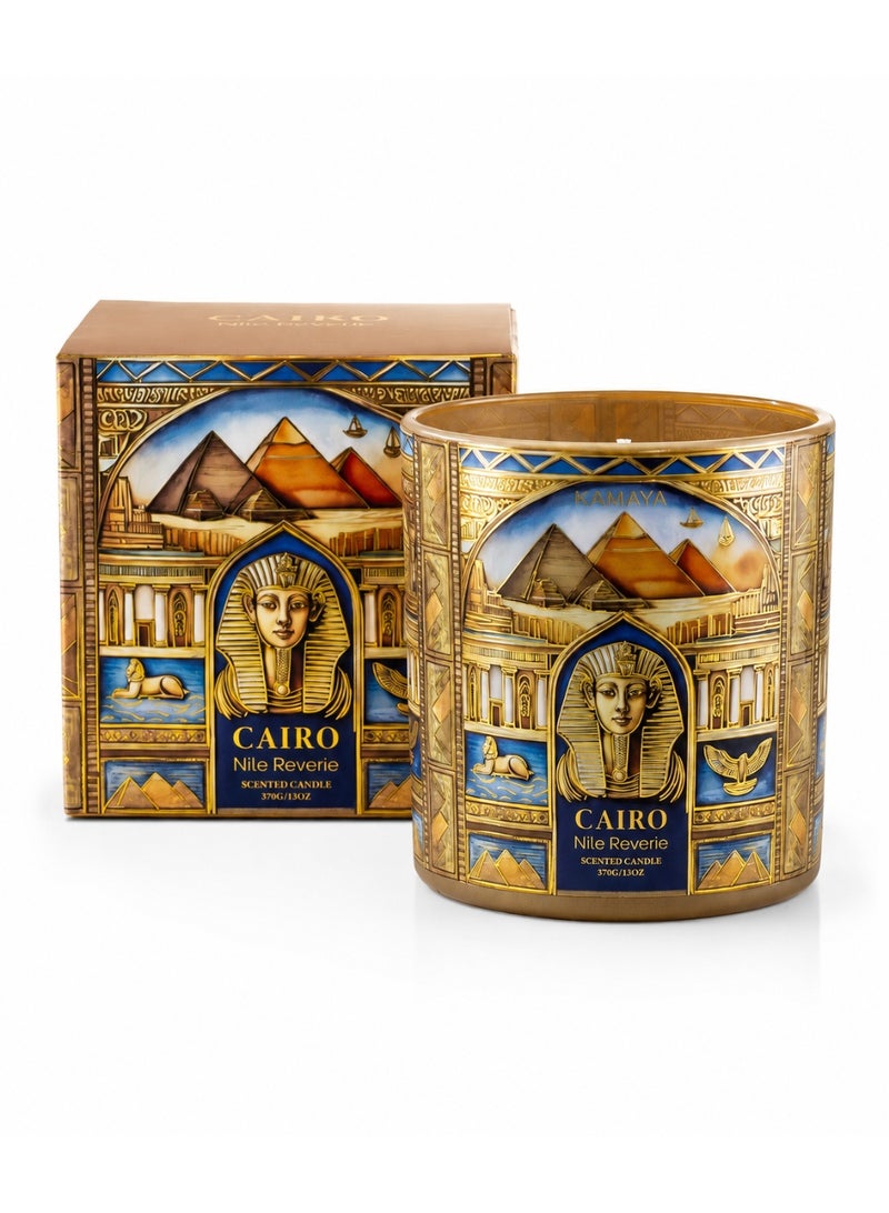KAMAYA Skyline Collection Cairo Nile Reverie Scented Candle | 3 wick 400gms Scented Candle | Cairo Skyline Glass Jar With Gold Lid - Image 3