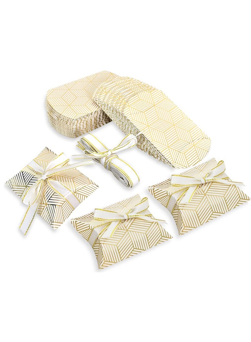 علبة حلويات 50 قطعة، علبة حلوى، علبة حلوى من ورق الكرافت على شكل وسادة، أفكار حفلات لعيد ميلاد البنات، لوازم الزفاف (ألوان ذهبية وألماس 3.58x2.48 بوصة) - Image 1