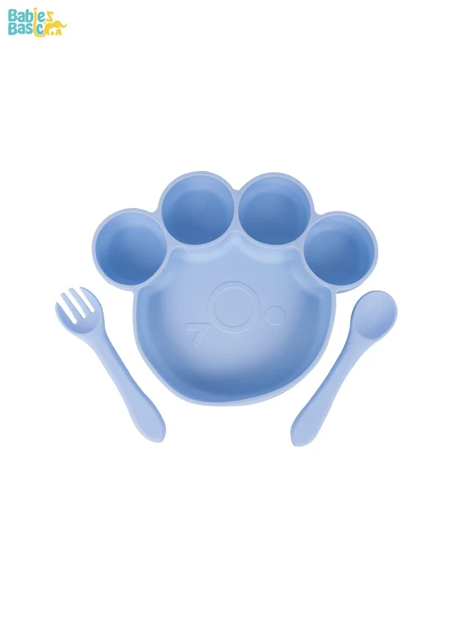 Babies Basic Feeding Set, 3 Piece, Silicone Set For Self Feeding, Learning & Fine Motor Skills Soft, Easy To Grip,Silicone Suction Plate With Silicone Spoon And Fork- Blue