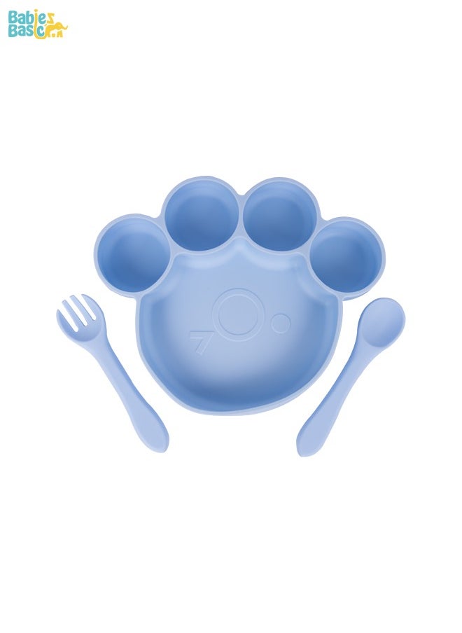 Babies Basic Feeding Set, 3 Piece, Silicone Set For Self Feeding, Learning & Fine Motor Skills Soft, Easy To Grip,Silicone Suction Plate With Silicone Spoon And Fork- Blue  - Image 1
