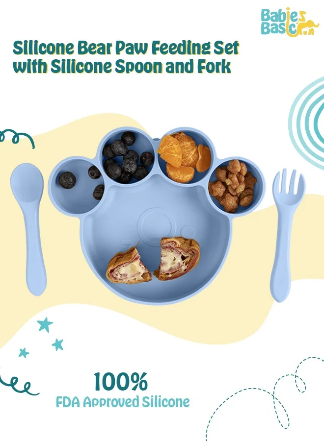 Babies Basic Feeding Set, 3 Piece, Silicone Set For Self Feeding, Learning & Fine Motor Skills Soft, Easy To Grip,Silicone Suction Plate With Silicone Spoon And Fork- Blue