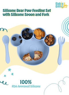 Babies Basic Feeding Set, 3 Piece, Silicone Set For Self Feeding, Learning & Fine Motor Skills Soft, Easy To Grip,Silicone Suction Plate With Silicone Spoon And Fork- Blue  - Image 2