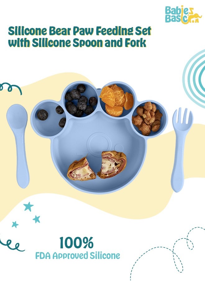 Babies Basic Feeding Set, 3 Piece, Silicone Set For Self Feeding, Learning & Fine Motor Skills Soft, Easy To Grip,Silicone Suction Plate With Silicone Spoon And Fork- Blue  - Image 2