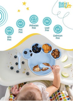 Babies Basic Feeding Set, 3 Piece, Silicone Set For Self Feeding, Learning & Fine Motor Skills Soft, Easy To Grip,Silicone Suction Plate With Silicone Spoon And Fork- Blue  - Image 3