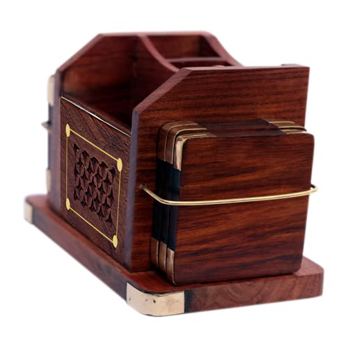 Woodiva Handmade Wooden 3 In 1 Tea Coaster Set Of 6 Stationery Handicraft With Brass Work With Pen Stand For Home/Office Decor, Brown - Image 5