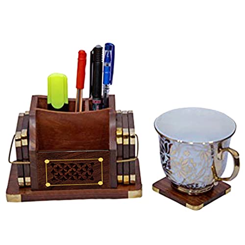 Woodiva Handmade Wooden 3 In 1 Tea Coaster Set Of 6 Stationery Handicraft With Brass Work With Pen Stand For Home/Office Decor, Brown - Image 2