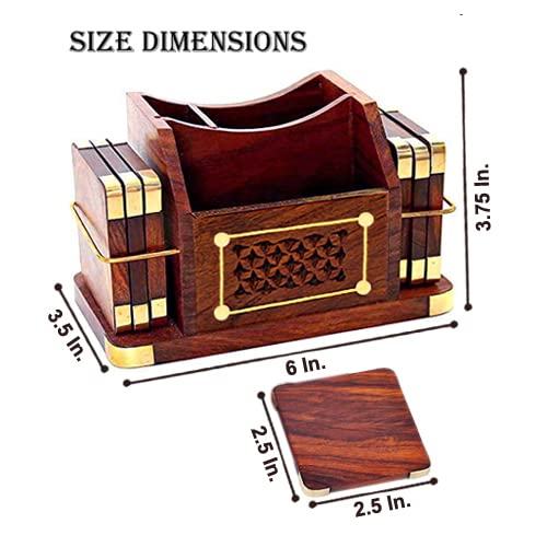 Woodiva Handmade Wooden 3 In 1 Tea Coaster Set Of 6 Stationery Handicraft With Brass Work With Pen Stand For Home/Office Decor, Brown - Image 3