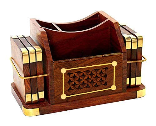 Woodiva Handmade Wooden 3 In 1 Tea Coaster Set Of 6 Stationery Handicraft With Brass Work With Pen Stand For Home/Office Decor, Brown - Image 1