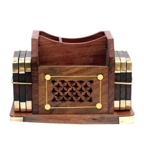 Woodiva Handmade Wooden 3 In 1 Tea Coaster Set Of 6 Stationery Handicraft With Brass Work With Pen Stand For Home/Office Decor, Brown - Image 4