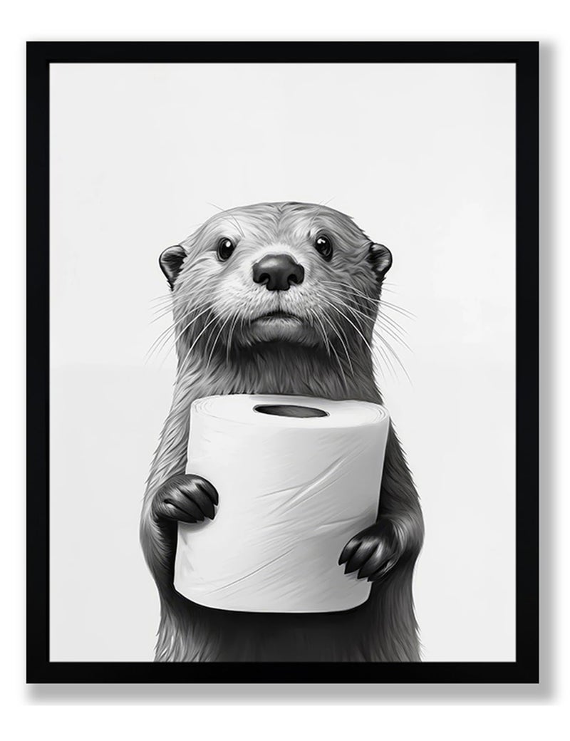 FYLDPSB Framed Black and White Bathroom Canvas Wall Art, Funny Animal Bathroom Decor Cute Otter Holding A Roll of Toilet Paper Picture Modern Humor Painting Wall Decor Ready to Hang 10'' x 8'' - Image 1