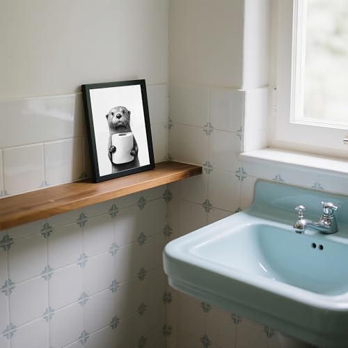 FYLDPSB Framed Black and White Bathroom Canvas Wall Art, Funny Animal Bathroom Decor Cute Otter Holding A Roll of Toilet Paper Picture Modern Humor Painting Wall Decor Ready to Hang 10'' x 8'' - Image 4