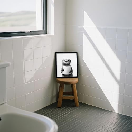 FYLDPSB Framed Black and White Bathroom Canvas Wall Art, Funny Animal Bathroom Decor Cute Otter Holding A Roll of Toilet Paper Picture Modern Humor Painting Wall Decor Ready to Hang 10'' x 8'' - Image 3