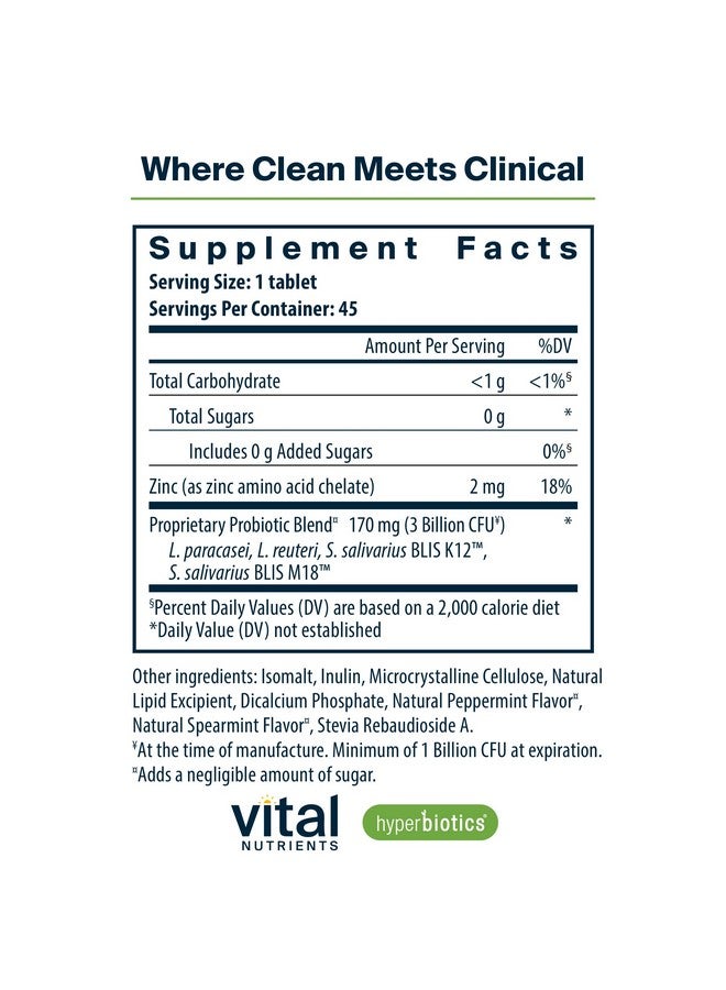 Hyperbiotics Vital Nutrients Pro-Dental Probiotic | Dairy-Free BLIS K12 and M18 | Shelf-Stable | Vegan Probiotic for Oral Health and Bad Breath | Sugar-Free | Gluten-Free | 45 Mint Chewable Tablets - Image 2