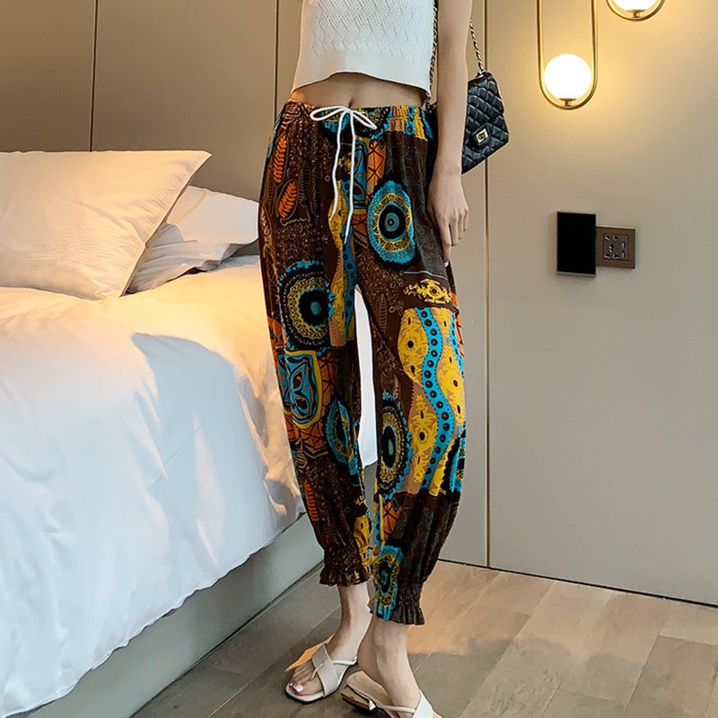 2024 Summer Ice Silk Lantern Pants Casual Printed Womens Cropped Trousers Digital Wheel - Image 2