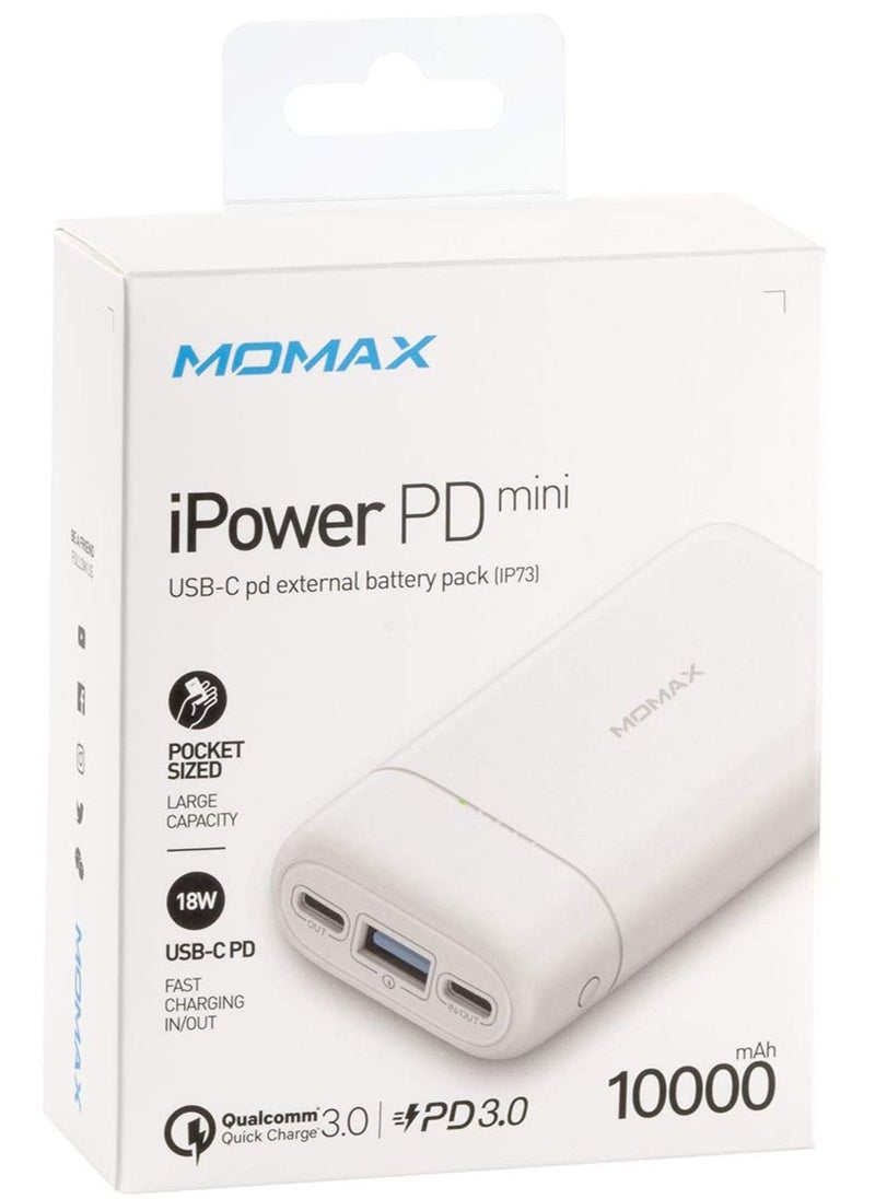 Momax - iPower PD mini 10,000 mAh USB-C External Battery Pack PD Fast Charger QC 3.0 Power Bank - White - Image 1