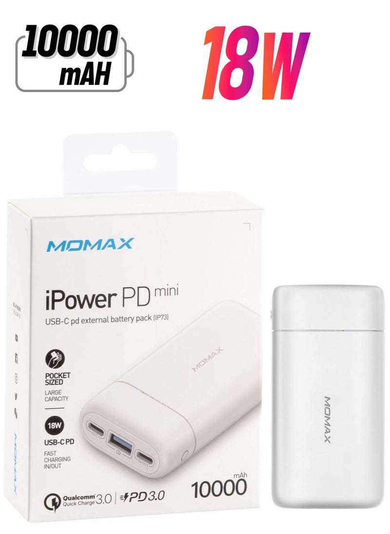 Momax - iPower PD mini 10,000 mAh USB-C External Battery Pack PD Fast Charger QC 3.0 Power Bank - White - Image 1