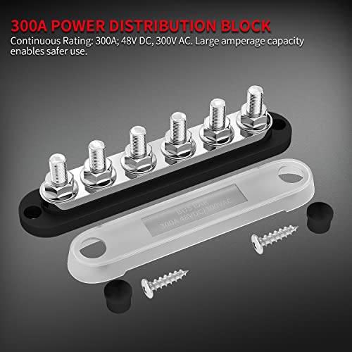 DaierTek 300A Bus Bar 12V Marine 12V Power Distribution Block with Cover 6 x 3/8" (M10) Terminal Studs Max 300V AC 48V DC Positive & Ground Busbar for Automotive Car Boat - Image 3
