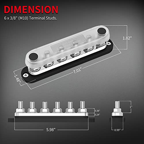 DaierTek 300A Bus Bar 12V Marine 12V Power Distribution Block with Cover 6 x 3/8" (M10) Terminal Studs Max 300V AC 48V DC Positive & Ground Busbar for Automotive Car Boat - Image 2
