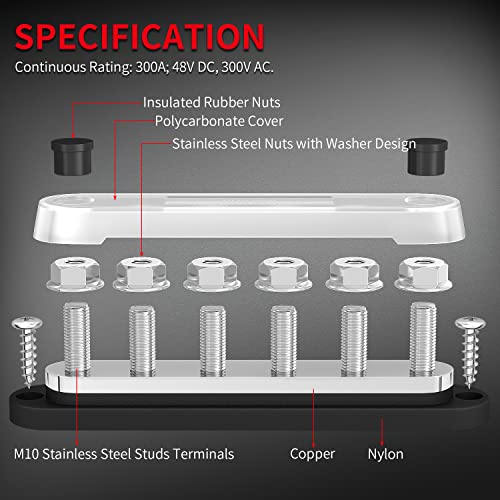DaierTek 300A Bus Bar 12V Marine 12V Power Distribution Block with Cover 6 x 3/8" (M10) Terminal Studs Max 300V AC 48V DC Positive & Ground Busbar for Automotive Car Boat - Image 4
