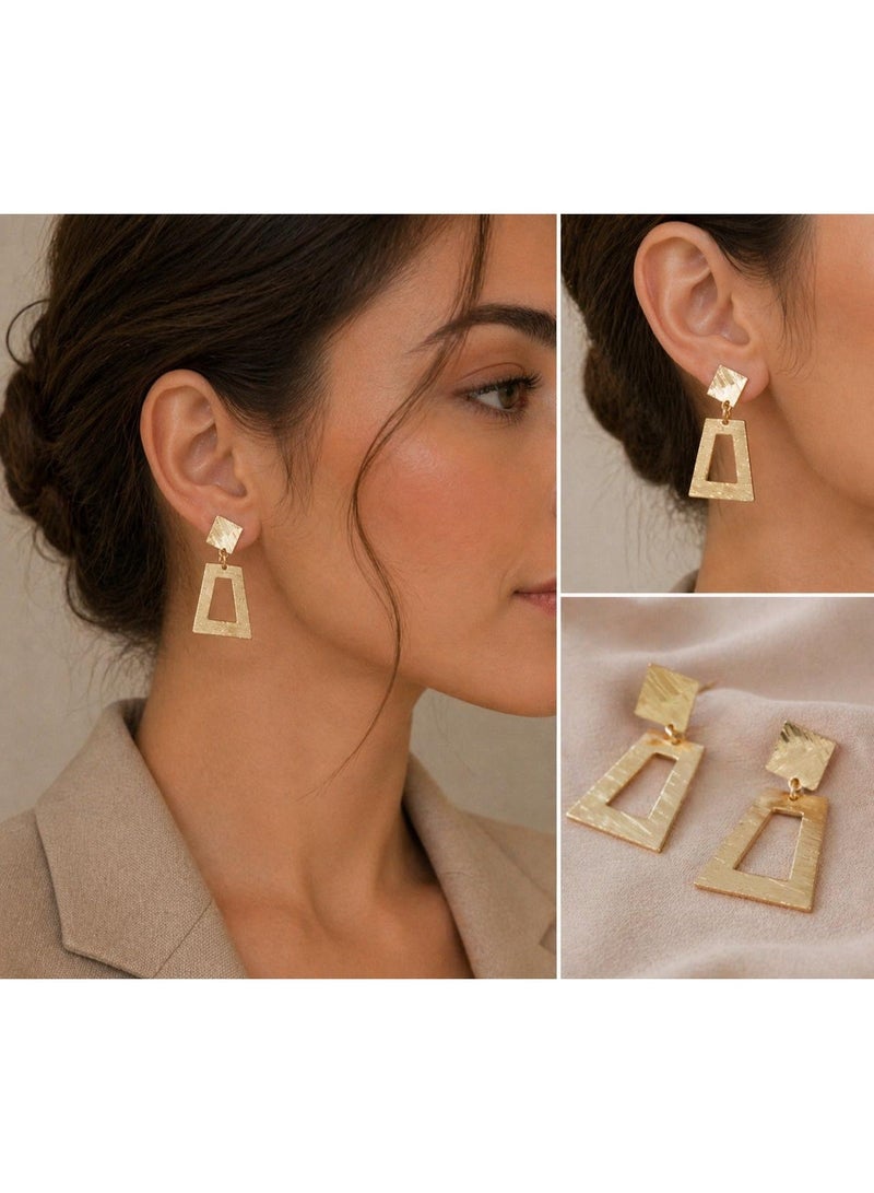 Modern Gold-Tone Geometric Earrings – Elegant Brushed Texture Square & Open Trapezoid Dangles for Women