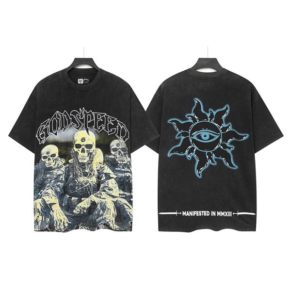 2025 US Tide Godspeed Cross-border American Rock Street Washing Retro Short-sleeved T-shirt 6067 wash water black
