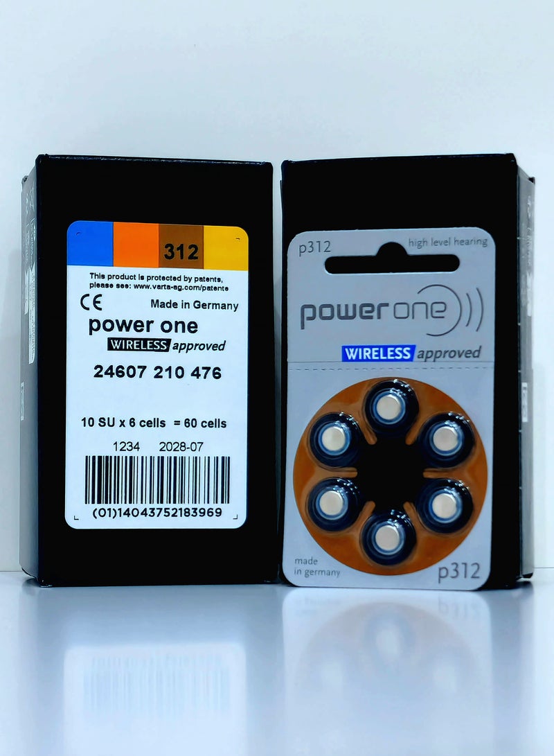 Power One بطارية سماعة الأذن Powerone بحجم 312 - مصنوعة في ألمانيا - عبوة من 60 بطارية - Image 1
