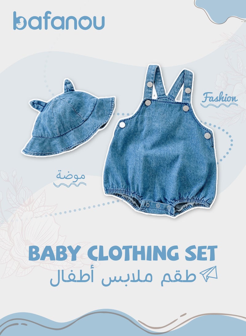 Bafanou Bafanou Summer Cowboy Style Baby Boy Jumpsuit - Sleeveless Blue Romper with Matching Hat 2 Pcs for Newborns and Infants  - Image 1