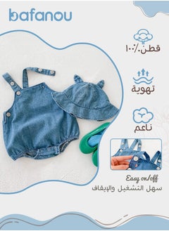 Bafanou Bafanou Summer Cowboy Style Baby Boy Jumpsuit - Sleeveless Blue Romper with Matching Hat 2 Pcs for Newborns and Infants  - Image 2