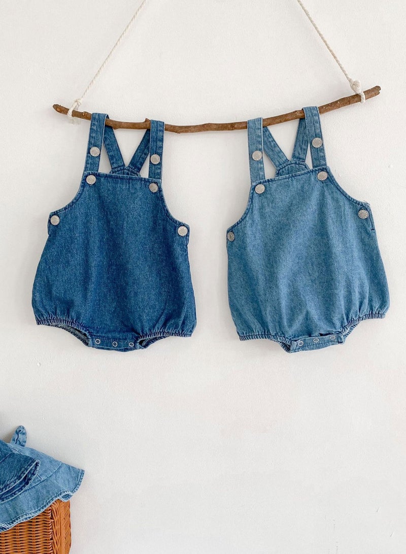 Bafanou Summer Cowboy Style Baby Boy Jumpsuit - Sleeveless Blue Romper with Matching Hat 2 Pcs for Newborns and Infants
