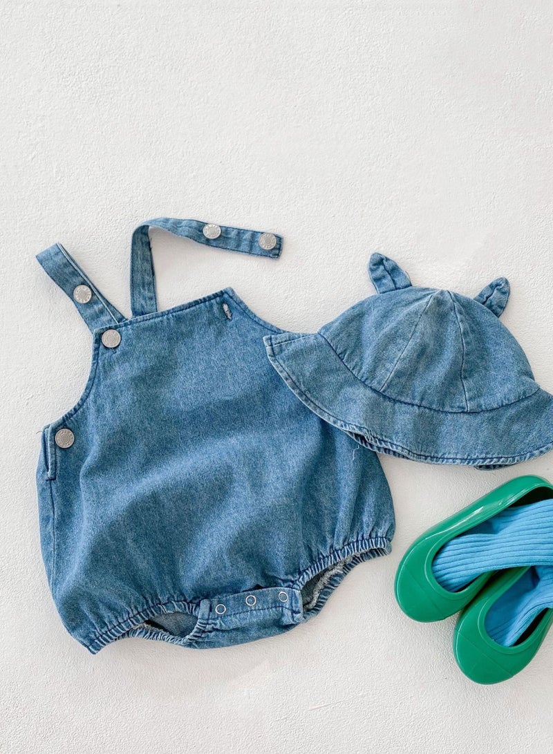 Bafanou Summer Cowboy Style Baby Boy Jumpsuit - Sleeveless Blue Romper with Matching Hat 2 Pcs for Newborns and Infants