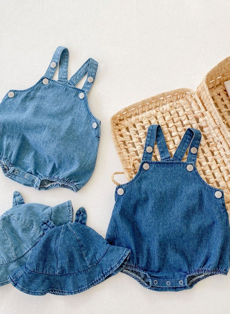 Bafanou Summer Cowboy Style Baby Boy Jumpsuit - Sleeveless Blue Romper with Matching Hat 2 Pcs for Newborns and Infants