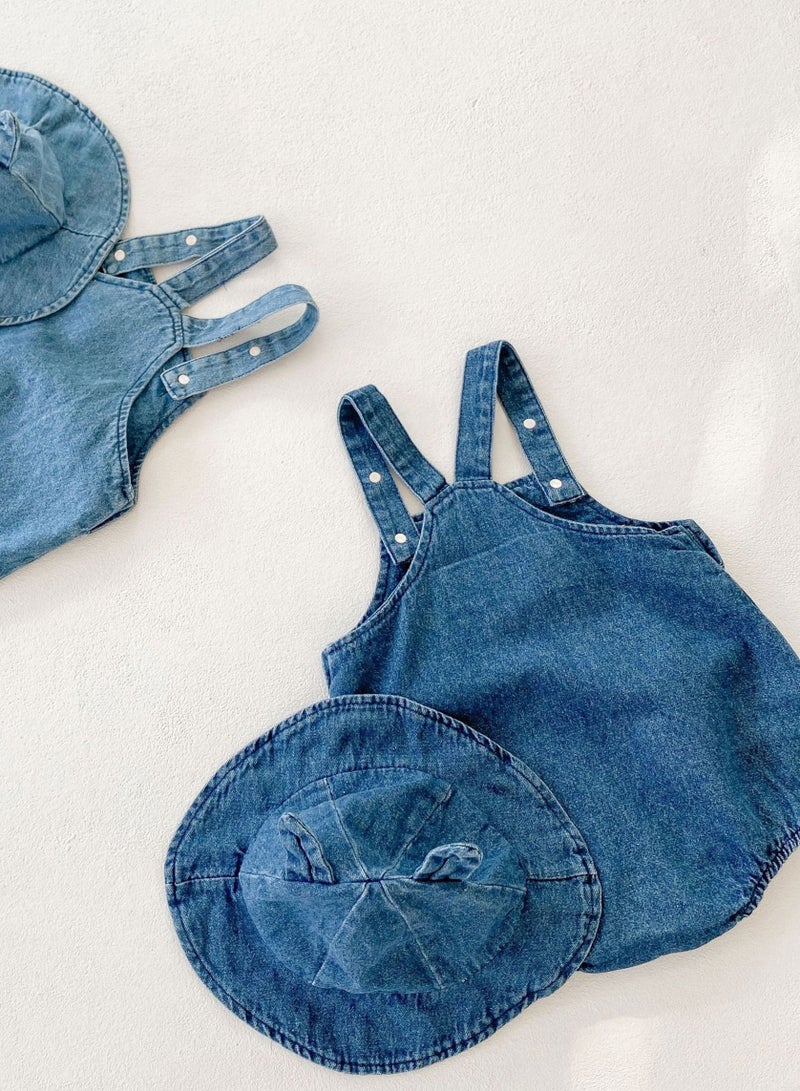 Bafanou Summer Cowboy Style Baby Boy Jumpsuit - Sleeveless Blue Romper with Matching Hat 2 Pcs for Newborns and Infants